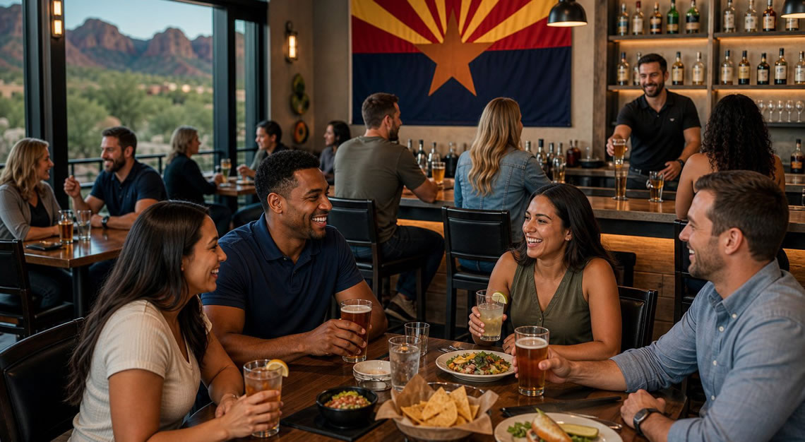 Interior of an Arizona bar and restaurant with people eating and drinking, featuring southwestern decor and an Arizona state flag.