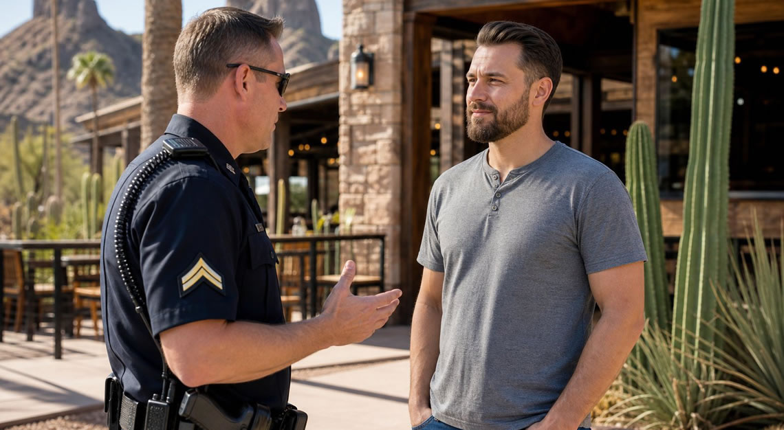 A police officer talking calmly with a civilian outside a bar or restaurant in Arizona during daylight.