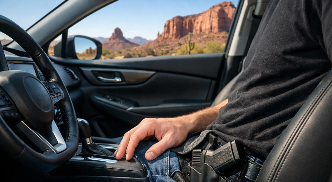 View of a car interior in an Arizona desert with a person’s hand near a concealed handgun inside the vehicle.