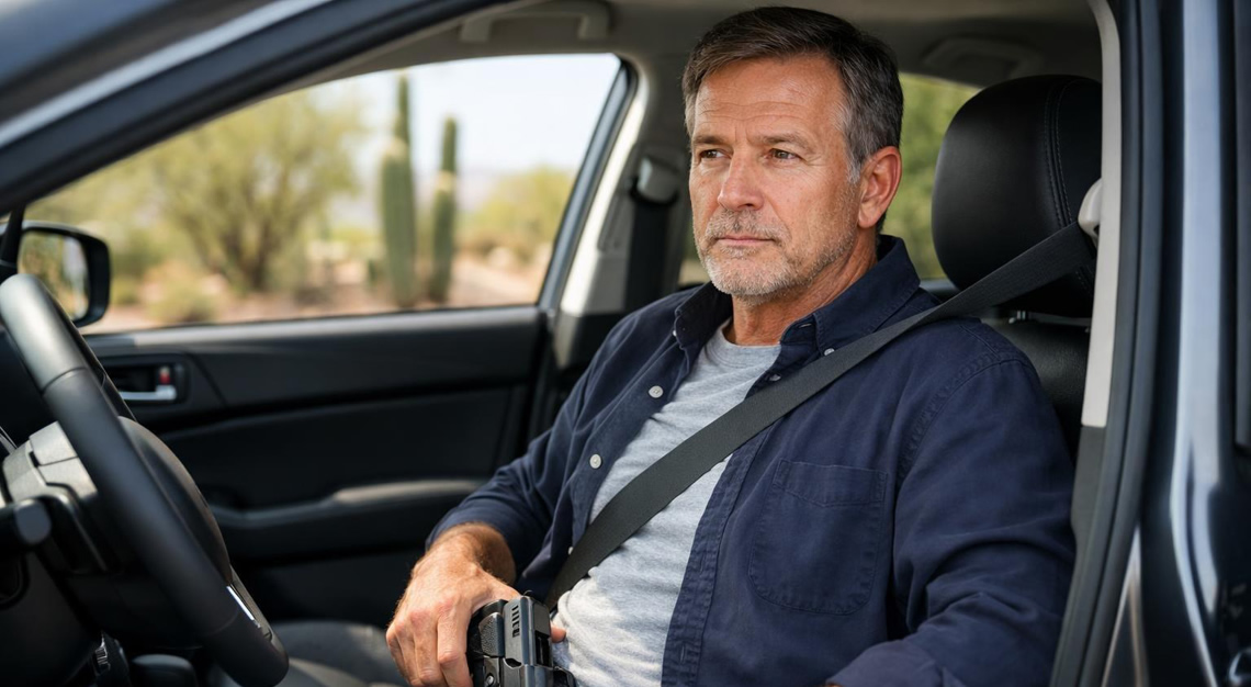 A man sitting inside a car holding a handgun in a holster, with the car door open and desert plants visible outside.