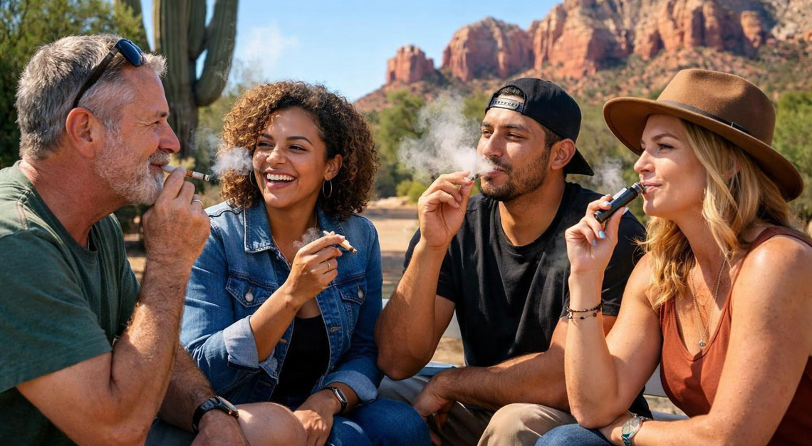 A group of adults smoking marijuana outdoors in a public area with desert plants and red rocks in the background.