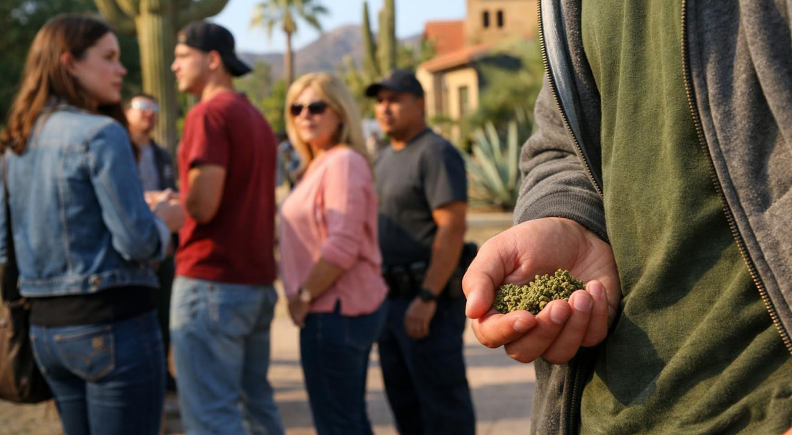 A young adult discreetly holding marijuana in a public urban area in Arizona while a police officer watches nearby.