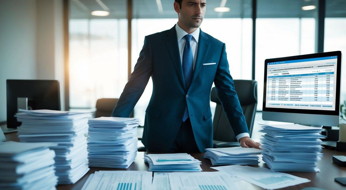 A well-dressed figure in an office setting, surrounded by stacks of financial documents and a computer screen displaying fraudulent transactions