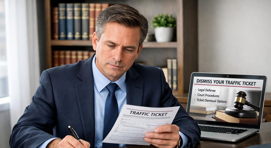 A person sitting at a desk reviewing documents in an office setting with legal books in the background.