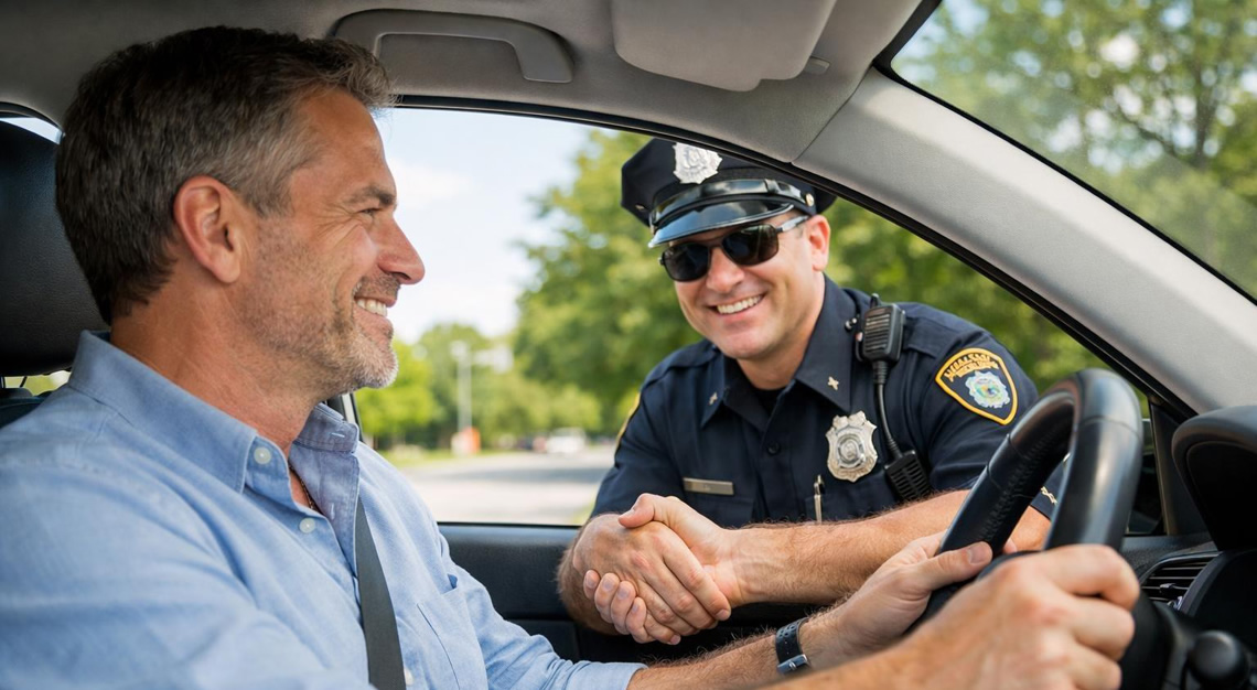 A man sitting in a car shaking hands with a police officer outside the window on a sunny suburban street.